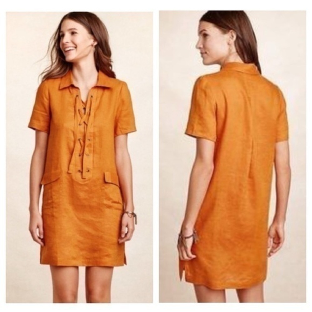 Anthropologie Maeve Orange Linen Lace Up Shift Dress 2 AF27